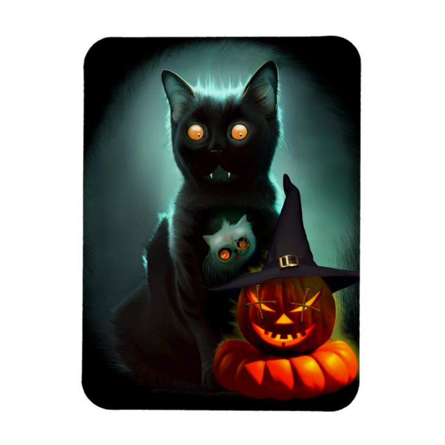 Vampire Cat and Wizard Pumpkin Halloween Surreal Magnet (Vertikal)