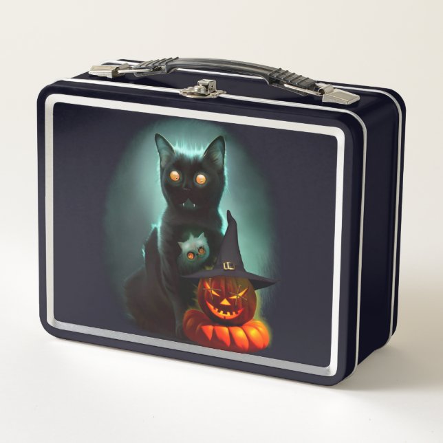 Vampire Cat and Wizard Pumpkin Halloween Surreal Metall Brotdose (Vorderseite)