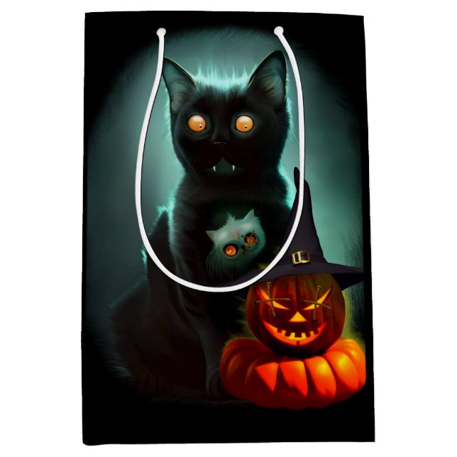 Vampire Cat and Wizard Pumpkin Halloween Surreal Mittlere Geschenktüte (Vorderseite)