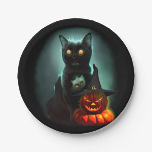 Vampire Cat and Wizard Pumpkin Halloween Surreal Pappteller