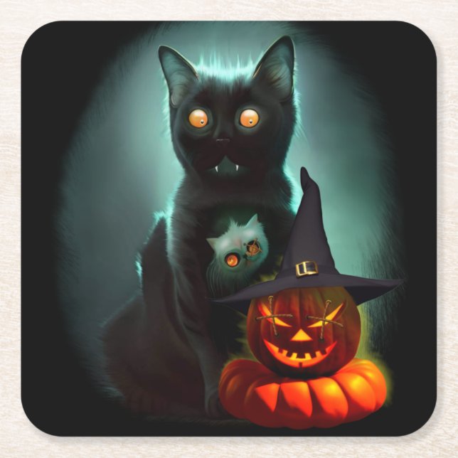 Vampire Cat and Wizard Pumpkin Halloween Surreal Rechteckiger Pappuntersetzer (Vorderseite)