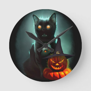 Vampire Cat and Wizard Pumpkin Halloween Surreal Runde Wanduhr