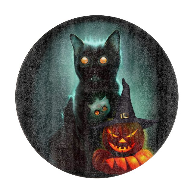 Vampire Cat and Wizard Pumpkin Halloween Surreal Schneidebrett (Vorderseite)