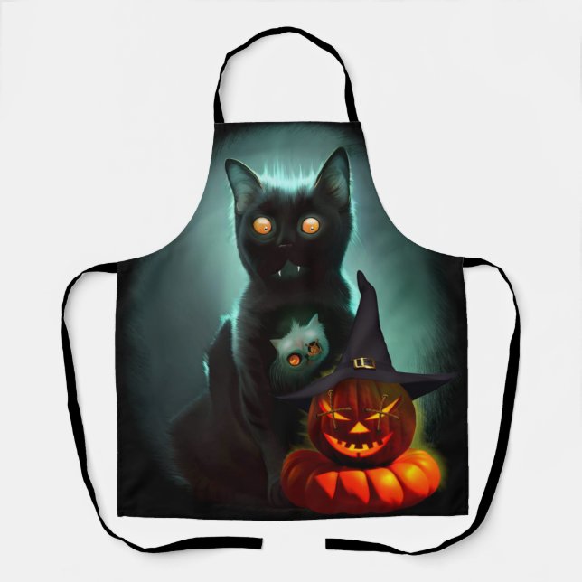 Vampire Cat and Wizard Pumpkin Halloween Surreal  Schürze (Vorderseite)