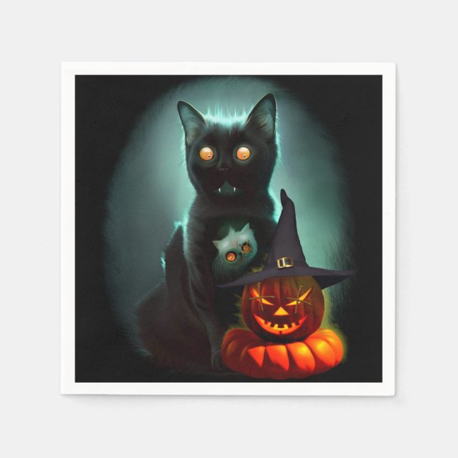 Vampire Cat and Wizard Pumpkin Halloween Surreal Serviette (Vorderseite)