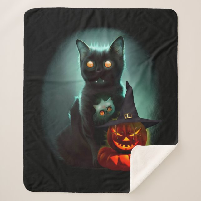 Vampire Cat and Wizard Pumpkin Halloween Surreal Sherpadecke (Vorderseite)