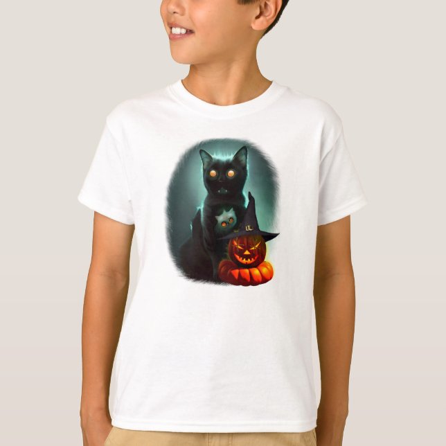 Vampire Cat and Wizard Pumpkin Halloween Surreal T-Shirt (Vorderseite)