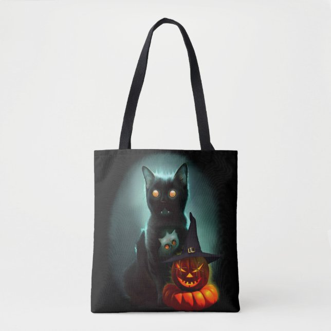 Vampire Cat and Wizard Pumpkin Halloween Surreal Tasche (Vorderseite)