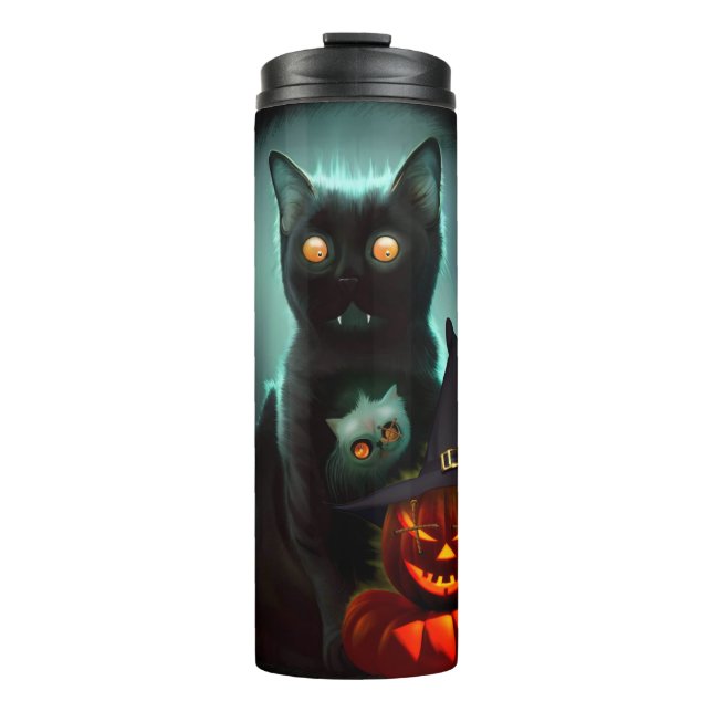 Vampire Cat and Wizard Pumpkin Halloween Surreal Thermosbecher (Vorderseite)