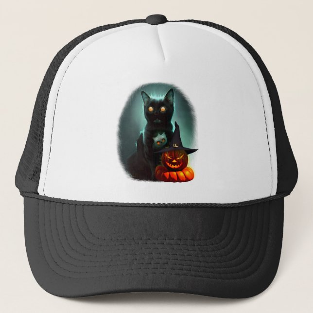 Vampire Cat and Wizard Pumpkin Halloween Surreal Truckerkappe (Vorderseite)