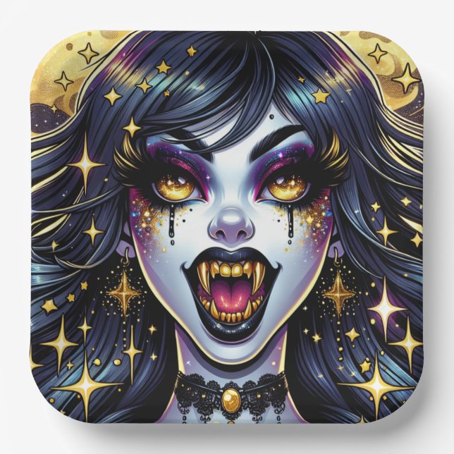 Vampire mit Goldfangs Vollmond-Halloween-Party Pappteller (Vorderseite)