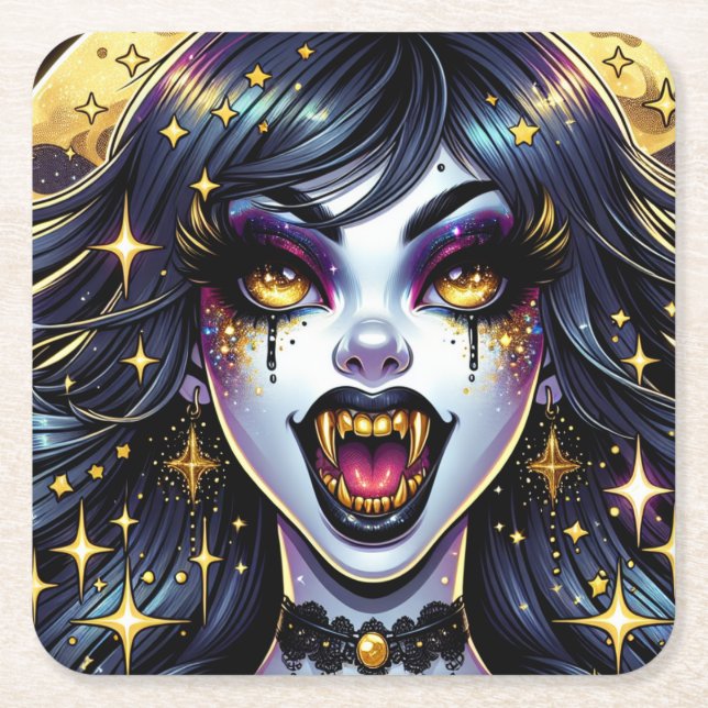 Vampire mit Goldfangs Vollmond-Halloween-Party Rechteckiger Pappuntersetzer (Vorderseite)