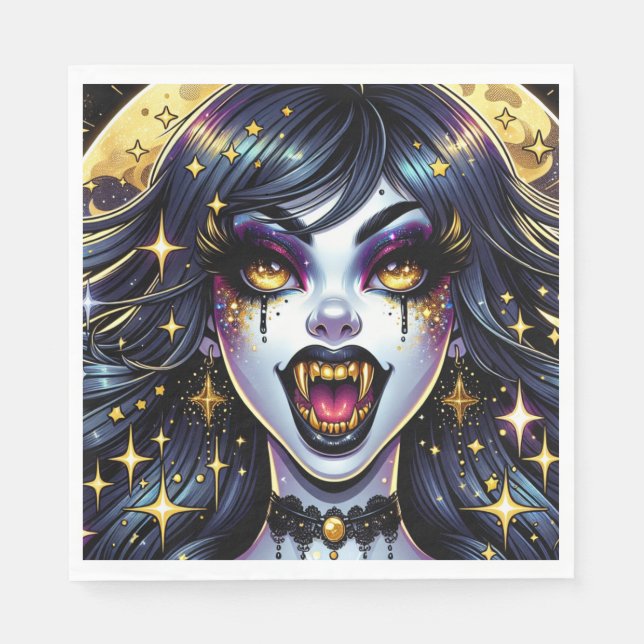 Vampire mit Goldfangs Vollmond-Halloween-Party Serviette (Vorderseite)