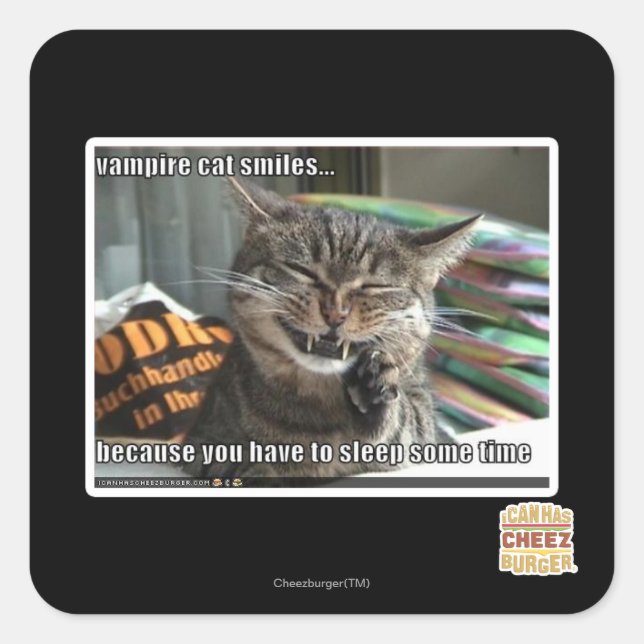 Vampirkatze lächelt quadratischer aufkleber (Vorderseite)