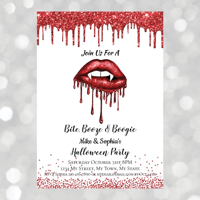 Vampirrote Glitzer Lippen Halloween-Party weiß Einladung (Von Creator hochgeladen)