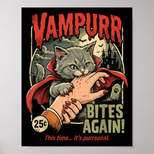 Vampurr Beißt Lustige Katze Halloween Vintage Graf Poster