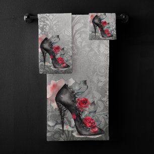 Vampy Spiked Stiletto Rote Rose High Heel Grunge Badhandtuch Set