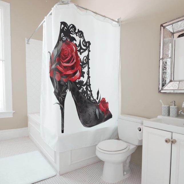 Vampy Vogue | Stiletto Lace Bootie und Rote Rosen Duschvorhang (Beispiel)
