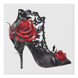 Vampy Vogue   Stiletto Lace Bootie und Rote Rosen Künstlicher Leinwanddruck