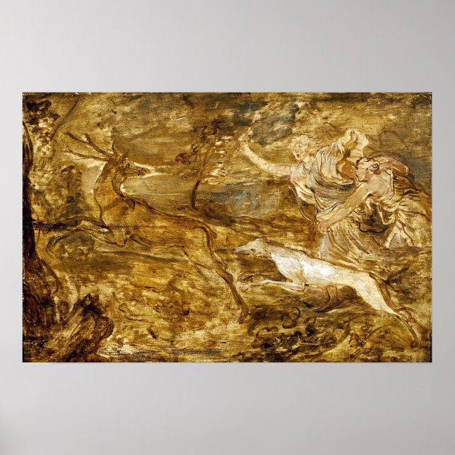 Van Dyck - Zwei Nymphen Jagd auf Hirsch Poster (Vorne)