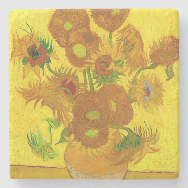 Van Gogh 15 Sonnenblumen in einer Vase der Kunst Steinuntersetzer (Vorderseite)