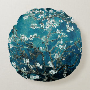 Van Gogh Almond Blossoms: Dunkel Aquamarin Rundes Kissen