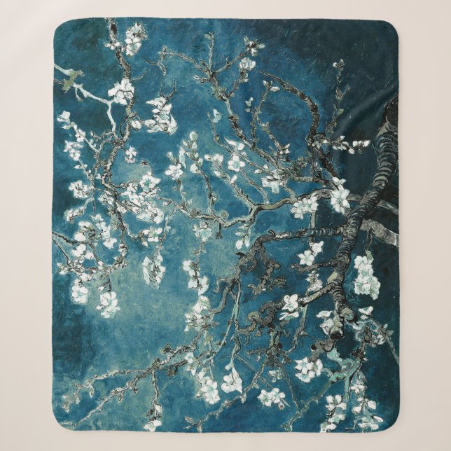 Van Gogh Almond Blossoms: Dunkel Aquamarin Sherpadecke (Vorderseite)