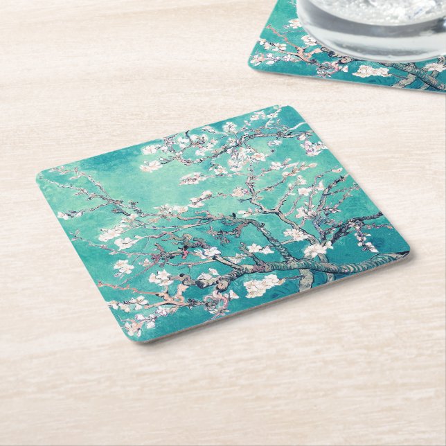 Van Gogh Almond Blossoms Türkis Rechteckiger Pappuntersetzer (angewinkelt)