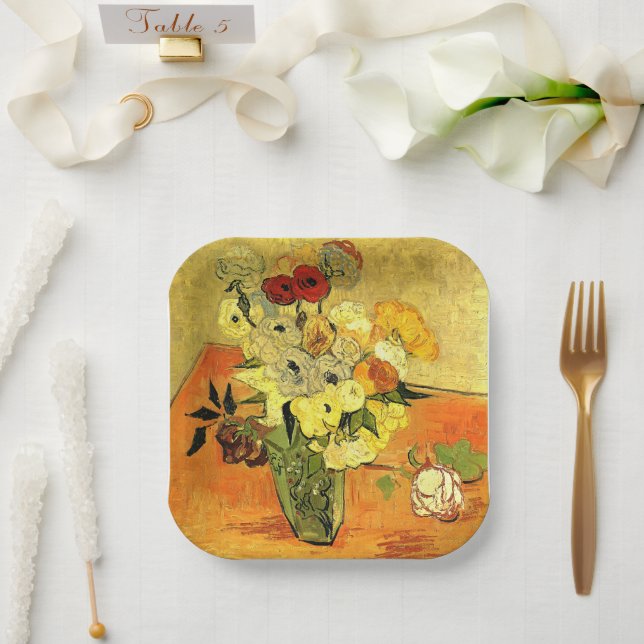 Van Gogh artwork, Japanese Vase with Roses, Pappteller (Hochzeit)