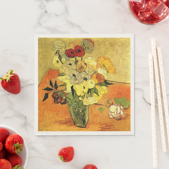 Van Gogh artwork, Japanese Vase with Roses, Serviette (Beispiel)