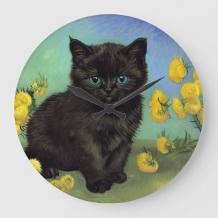 Van Gogh Black Cat Gelbe Blumen Große Wanduhr