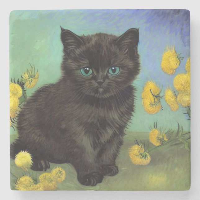 Van Gogh Black Cat Gelbe Blumen Steinuntersetzer (Vorderseite)