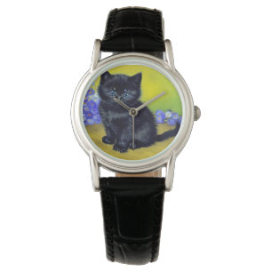 Van Gogh Black Cat Purple Flowers Armbanduhr