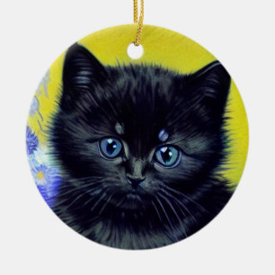Van Gogh Black Cat Purple Flowers Keramik Ornament
