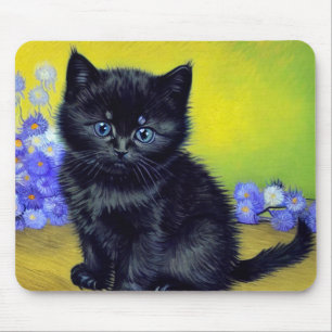 Van Gogh Black Cat Purple Flowers Mousepad
