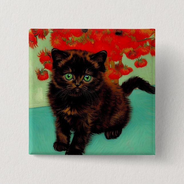 Van Gogh Black Cat Red Blume Button (Vorderseite)