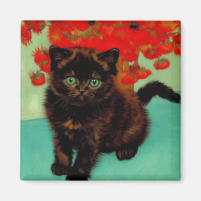 Van Gogh Black Cat Red Blume Magnet (Vorne)
