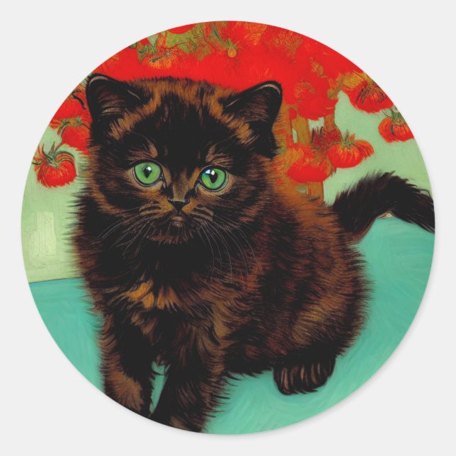 Van Gogh Black Cat Red Blume Runder Aufkleber (Vorderseite)