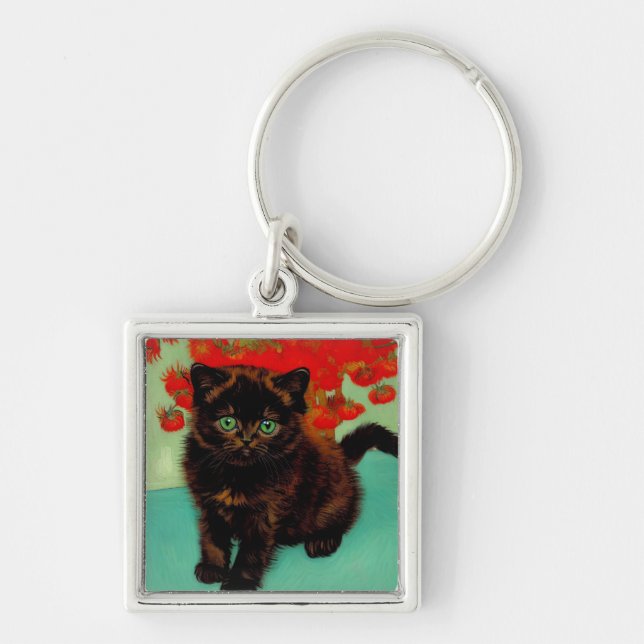 Van Gogh Black Cat Red Blume Schlüsselanhänger (Vorne)
