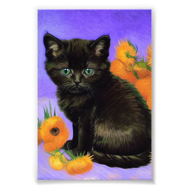 Van Gogh Black Kitten mit Sonnenblumen Fotodruck (Vorne)