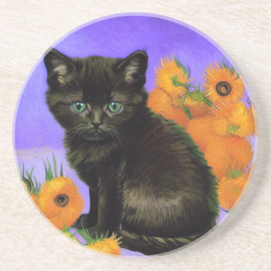 Van Gogh Black Kitten mit Sonnenblumen Getränkeuntersetzer