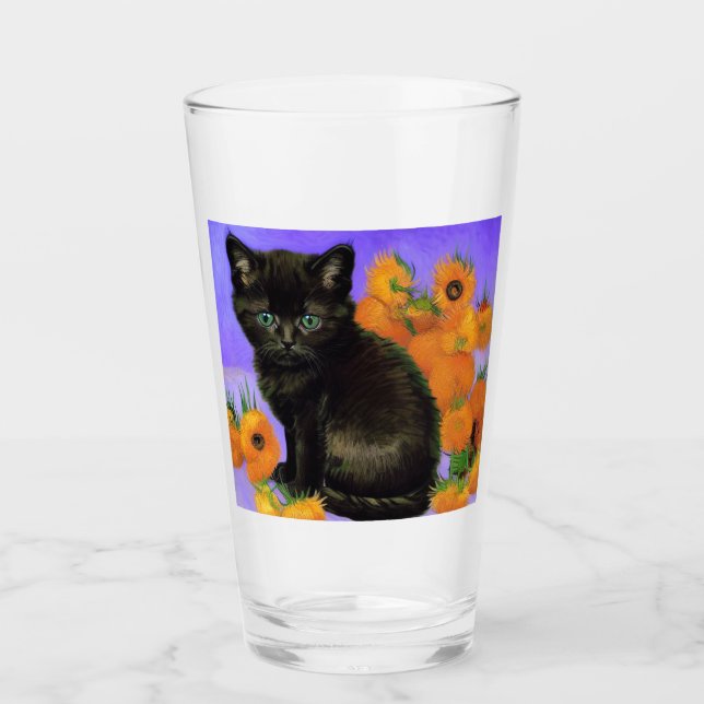 Van Gogh Black Kitten mit Sonnenblumen Glas (Vorderseite)