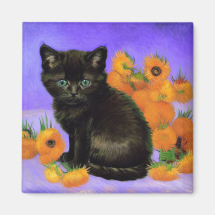 Van Gogh Black Kitten mit Sonnenblumen Magnet