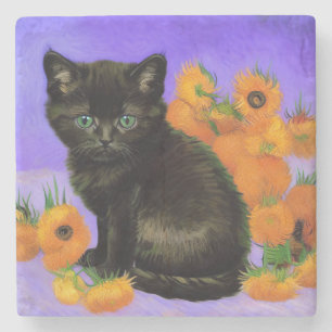 Van Gogh Black Kitten mit Sonnenblumen Steinuntersetzer