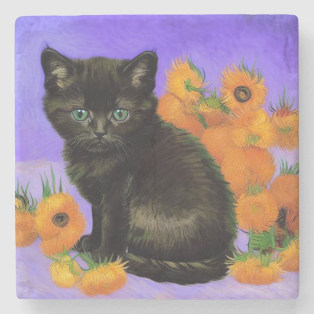 Van Gogh Black Kitten mit Sonnenblumen Steinuntersetzer (Vorderseite)