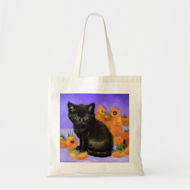 Van Gogh Black Kitten mit Sonnenblumen Tragetasche (Vorne)