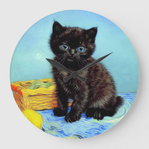 Van Gogh Black Kitten mit Yarn Große Wanduhr