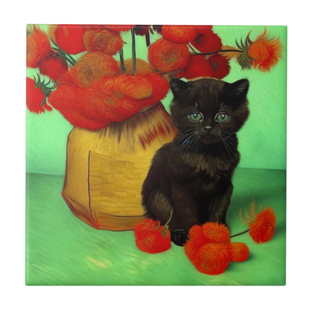 Van Gogh Black Kitten Red Blume Fliese (Vorderseite)
