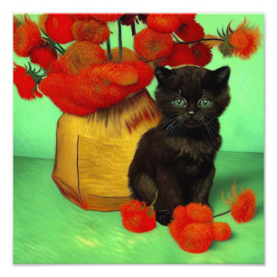 Van Gogh Black Kitten Red Blume Fotodruck