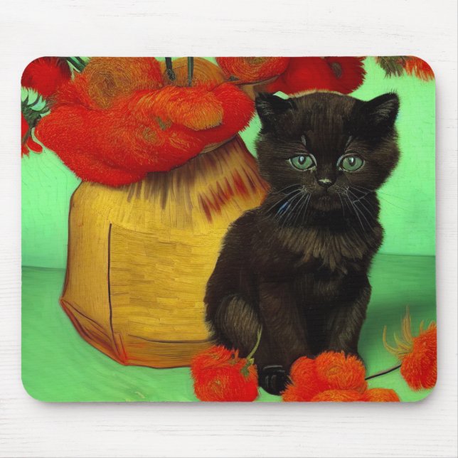 Van Gogh Black Kitten Red Blume Mousepad (Vorne)
